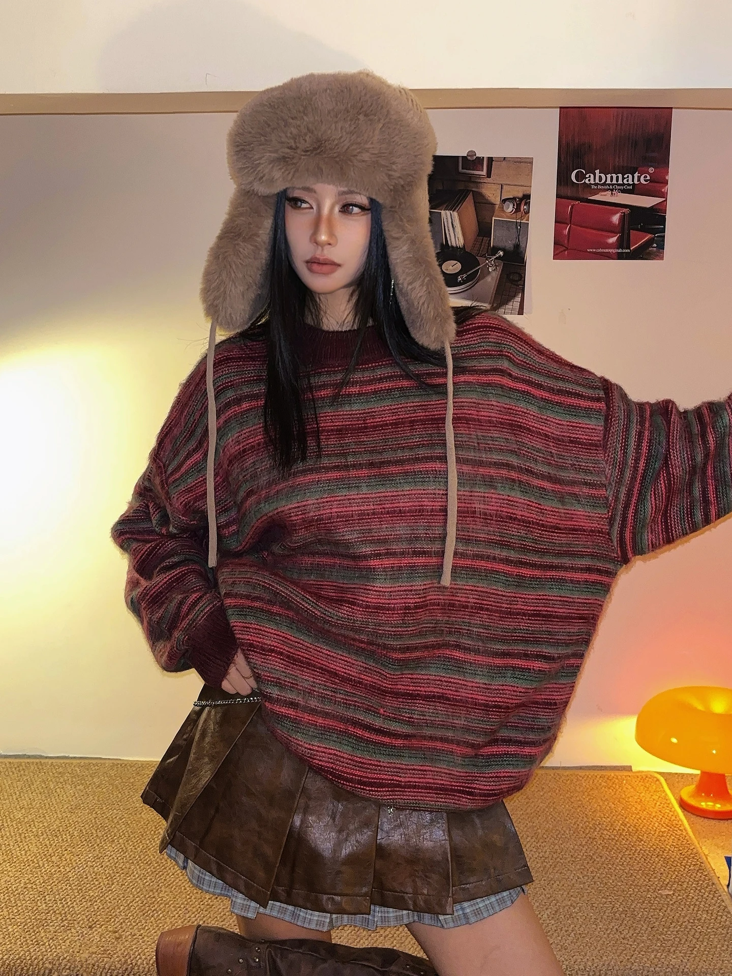 

DoubleD American Sle Autumn Winter Stripe Knitted Sweater Men Women Mixed Yarn Vintage Loose Lazy Sle Top Street Faion