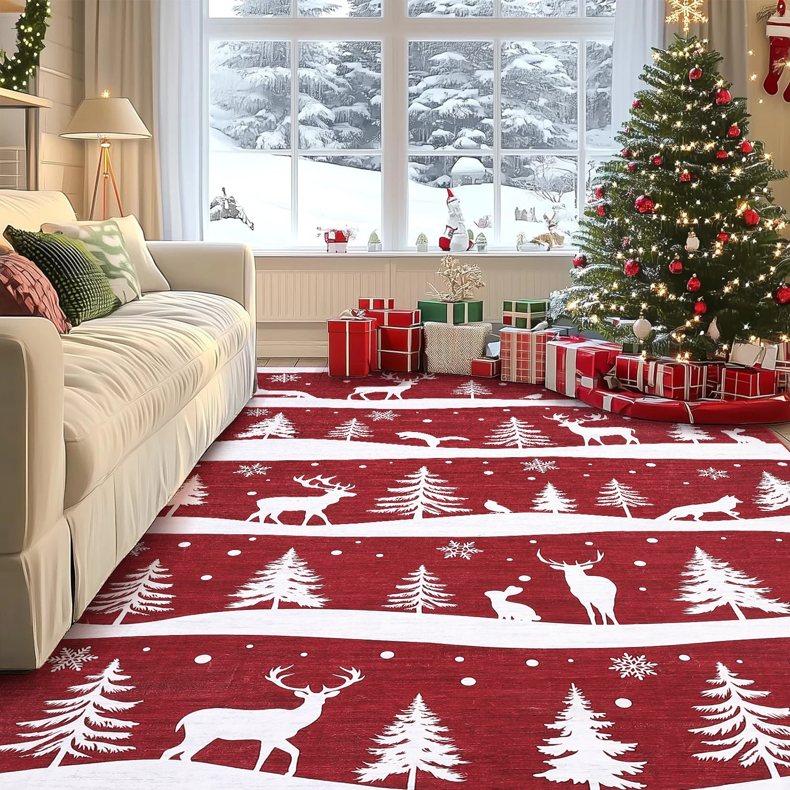 Christmas Area Rug, Reindeer Print Washable Soft Carpet with Non Slip Backing, Low Pile Stain Resistant Floor Mat for Living Room, Bedroom