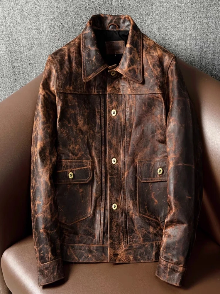 New Style Heavy Oil Wax Top Layer Tea Core Horse Leather Short Section Slim Men's Genuine Jacket Retro Coat