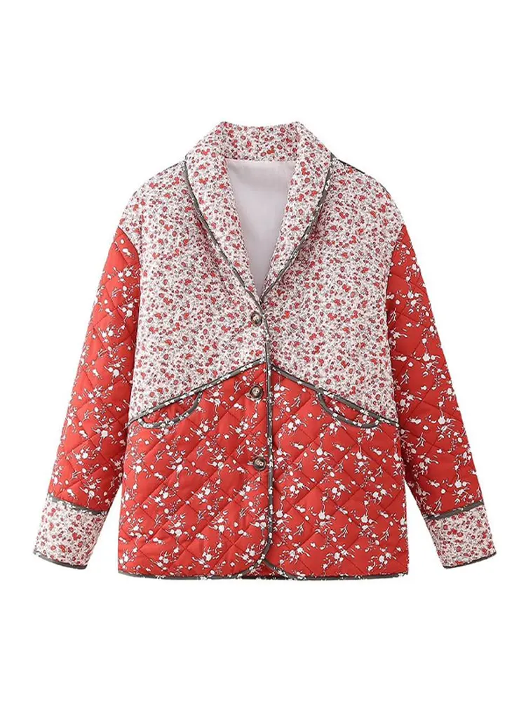 Chaqueta acolchada con solapa y estampado Floral para mujer, abrigo elegante de algodón de manga larga con botonadura única, ropa de abrigo cálida a