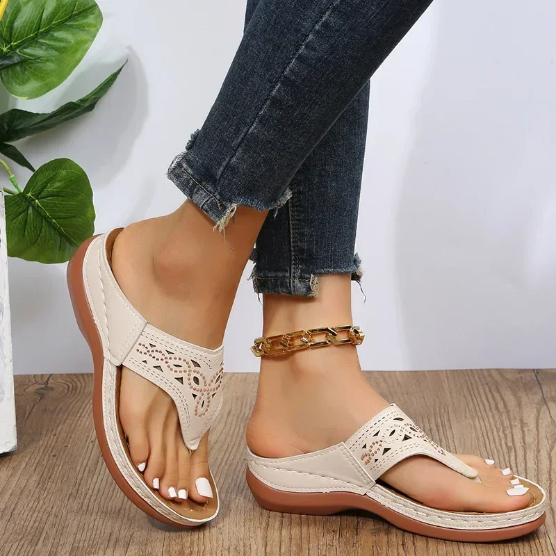 Women Platform Sandals Beach Casual Wedges Flip Flops Premium Orthopedic Open Toe Big Toe Anti-slip Outdoor PU Leather Shoes