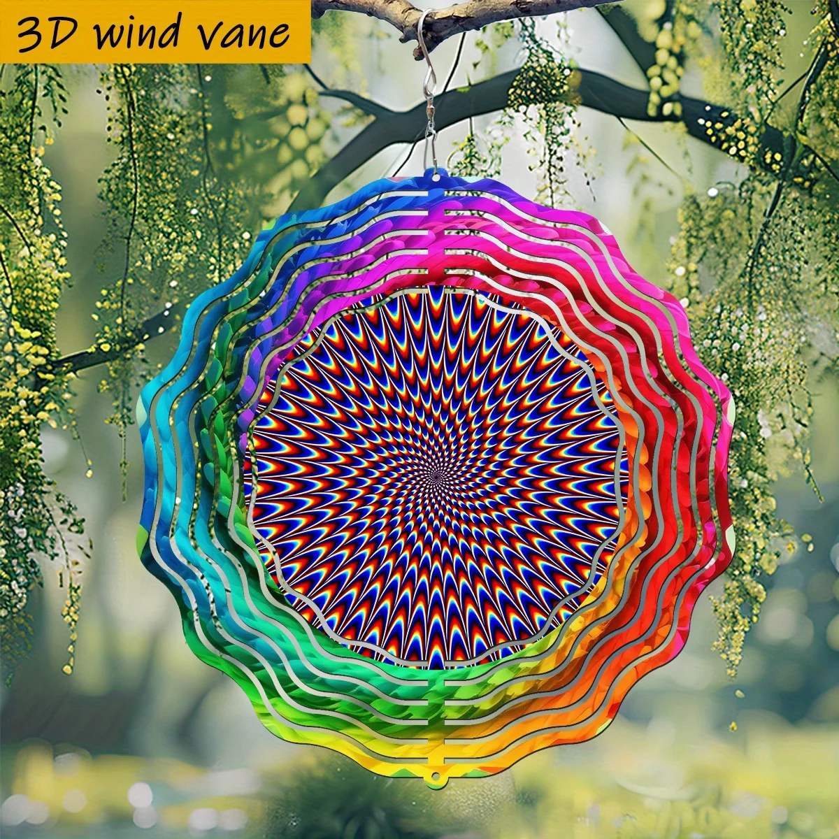 1pc 3D Wind Gyro, Color Ripple Illusion Pattern, 360° Rotating Hook Spring and Summer Balcony Garden Wind Chime Pendant