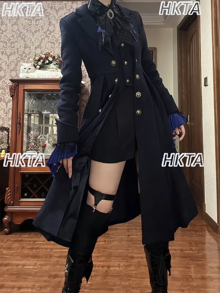 Japanese Gothic Dark Court Vintage Cosplay Clothes Autumn New Waist Ruffle Long Trench Coat Cool Lolita Prince Coat Women Jacket