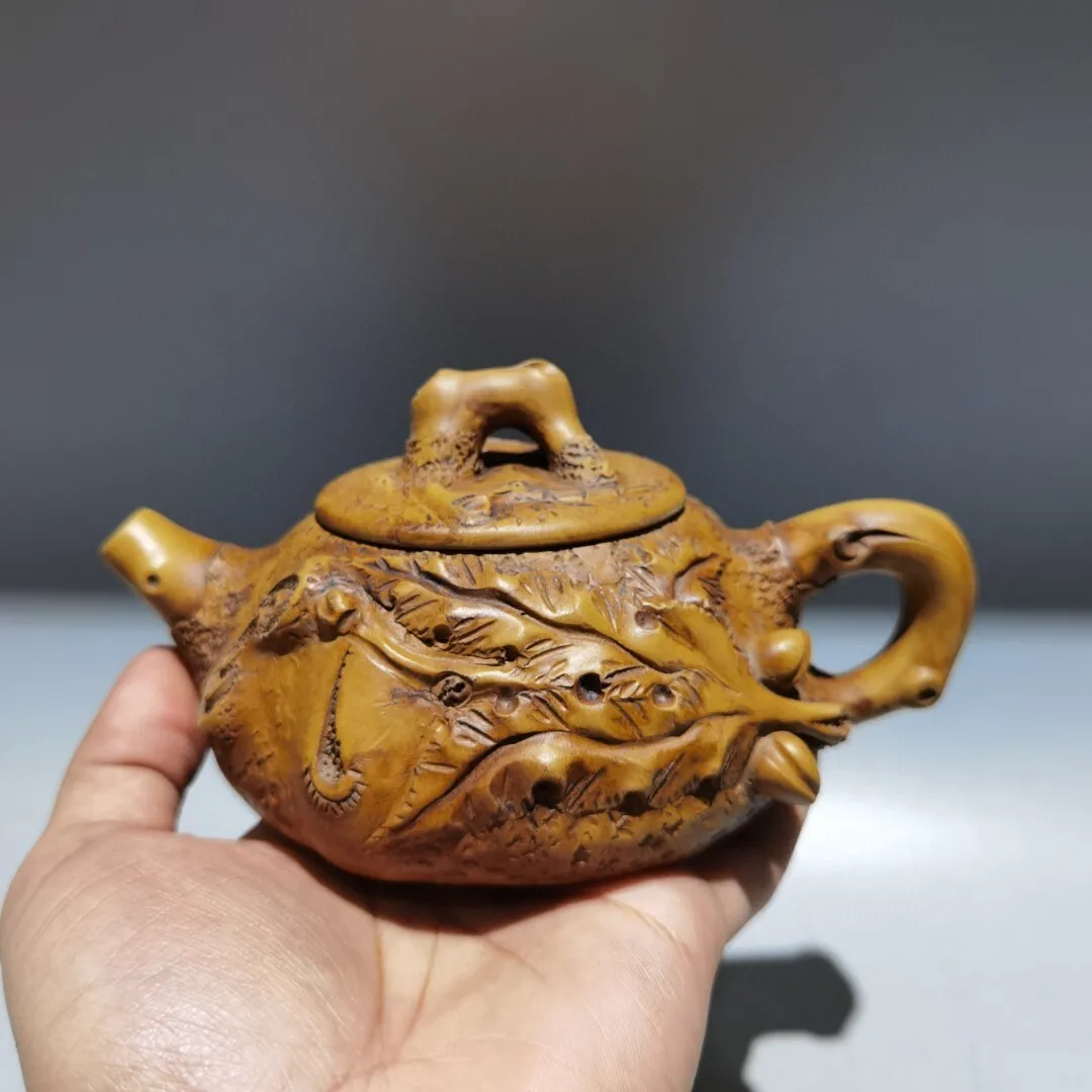 6.6in Chinese Yixing Zisha Yellow Natural Clay Handmade Peach Tree Stool Teapot
