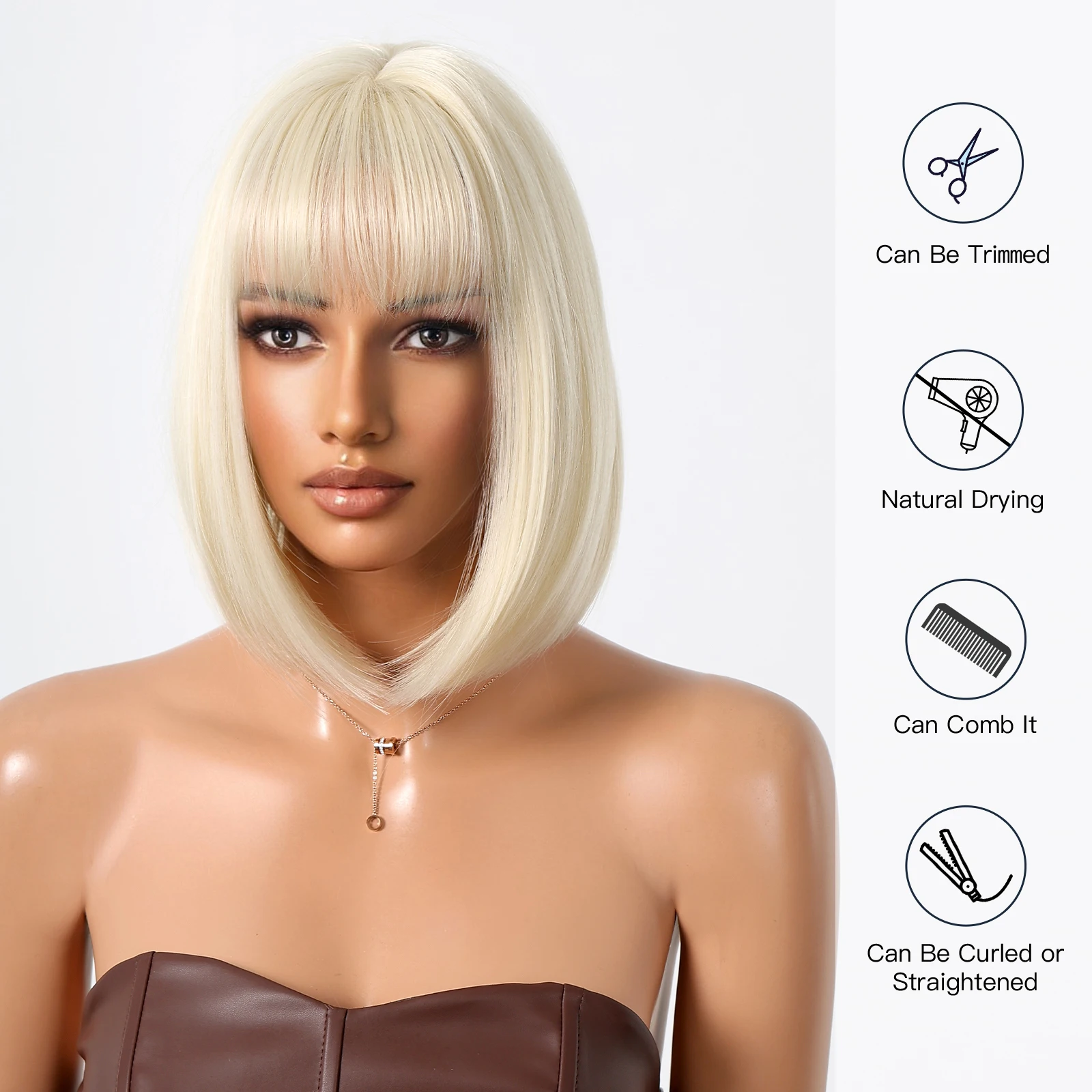 Platynowa blond peruka Bob z grzywką Syntetyczne peruki Cosplay z krótkimi prostymi włosami dla czarnych kobiet Żaroodporne imprezowe codzienne sztuczne włosy — zdjęcie 4