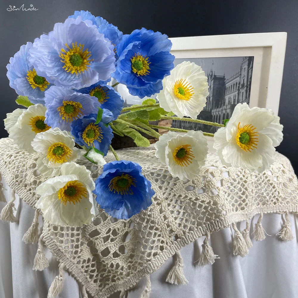 SunMade Pastoral Poppy Flower Branch Silk Artificial Flowers Living Room Decoration Wedding Decor Blue Flore Fleurs Artificielle