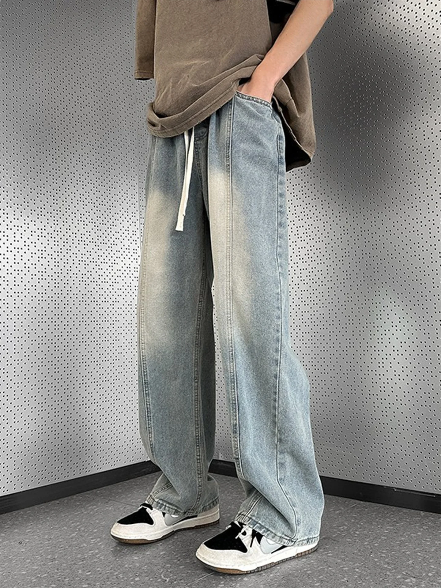 

Washed Vintage Loose Straight Leg Men's Jeans Casual High Street Versatile Long Trousers Youth Popularity mid Waist Drawstring