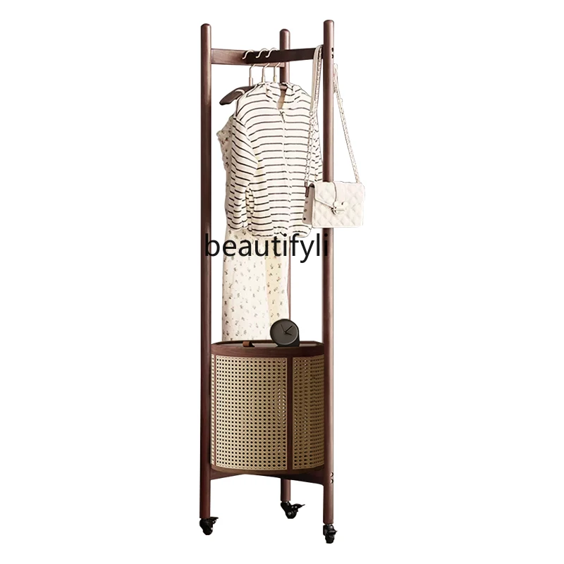 

Portable Simple Solid Wood Hanger Dirty Clothes Basket Rattan Coat Rack Can Be Stored