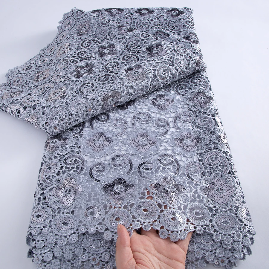 

Luxury Grey Nigerian Water Soluble Lace Fabric Sequins 2025 Hight Quality 5 Yards African Guipure Cord Lace Fabric For Wedding