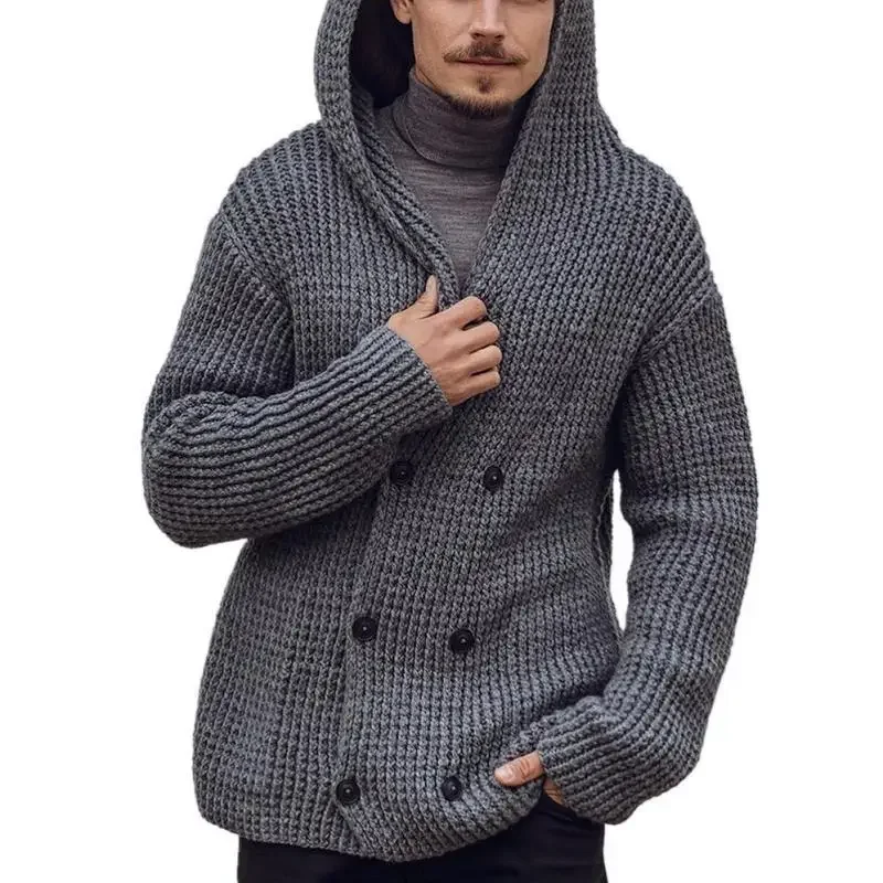 

Men Sweaters Autumn Winter Fashion Thick Warm Hooded Collar Knitted Sweater Male Casual Loose Double-breasted Lapel Sweater Coat