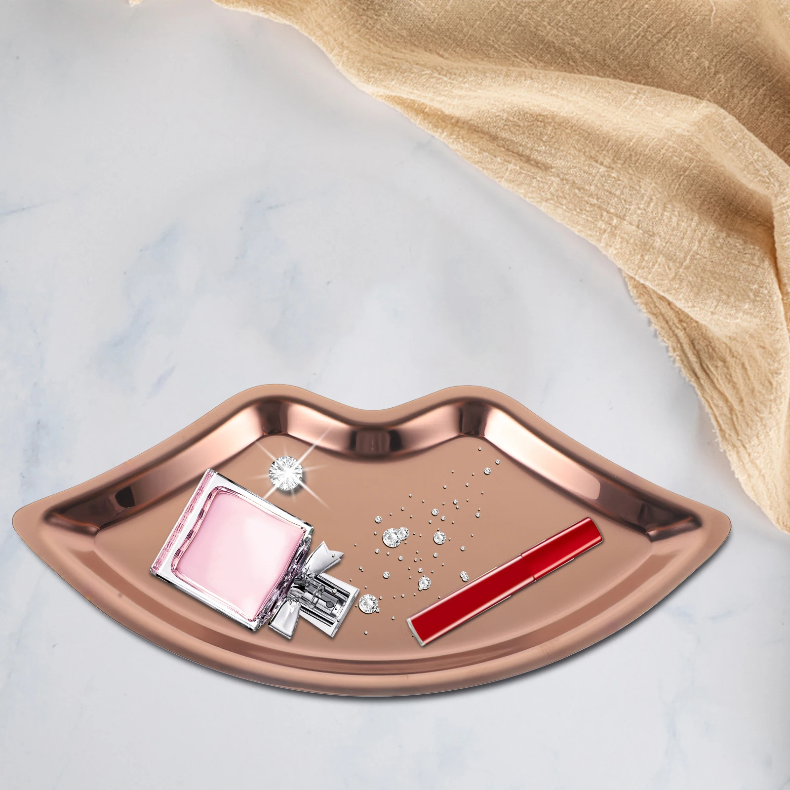 

Elegant Stainless Steel Jewelry Dish Tray Lip Shaped Design Space Saving Bathroom Vanity Tabletop Organizer Plate