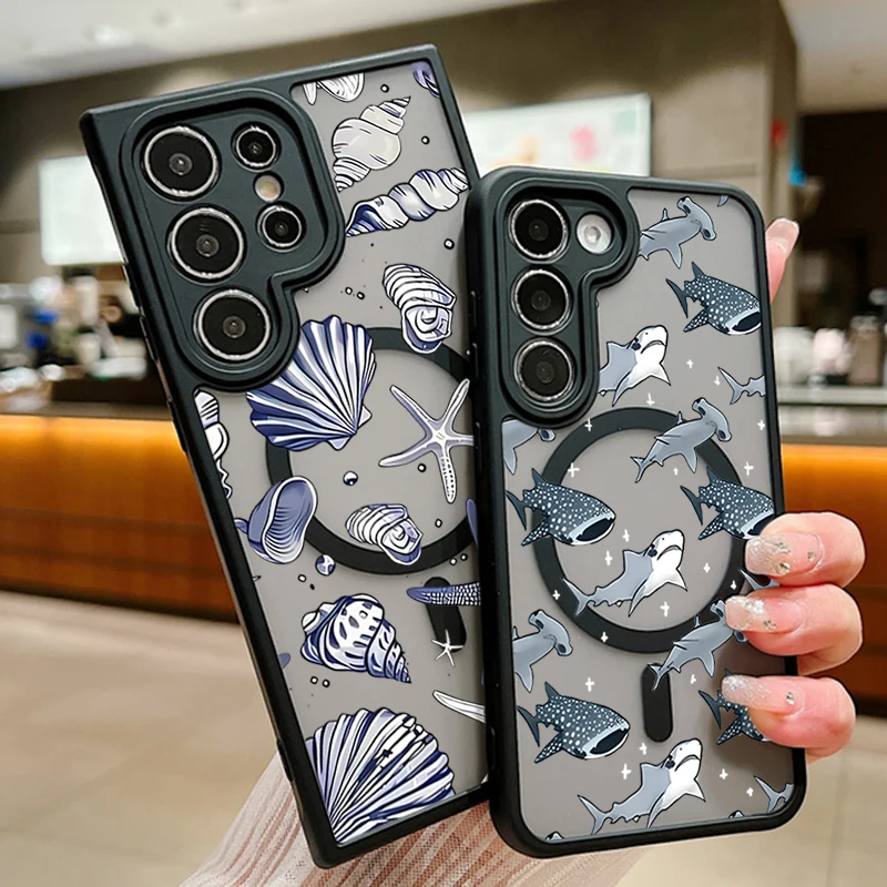 Shark Shell Gemusterte Magnetische Telefon Fall Für Samsung Galaxy S25 Rand S24 Plus S24 S23 S22 Ultra S25 S24 FE Für Magsafe Abdeckung