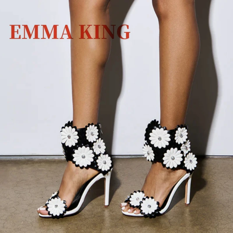 صنادل ثلاثية الأبعاد مزخرفة بالزهور بإبزيم للكاحل مفتوحة من الأمام بكعب عالي للنساء أحذية بسحاب خلفي 2025 جديد Zapatos Para Mujere