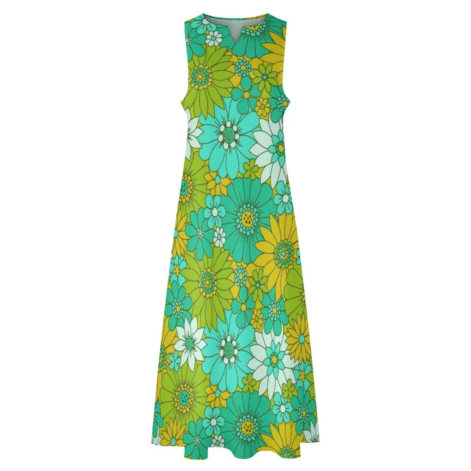 Retro Daisy Floral – Lime Long Dress Sommer Damenkleid 2025, Damen-Abendkleid für schwangere Frauen