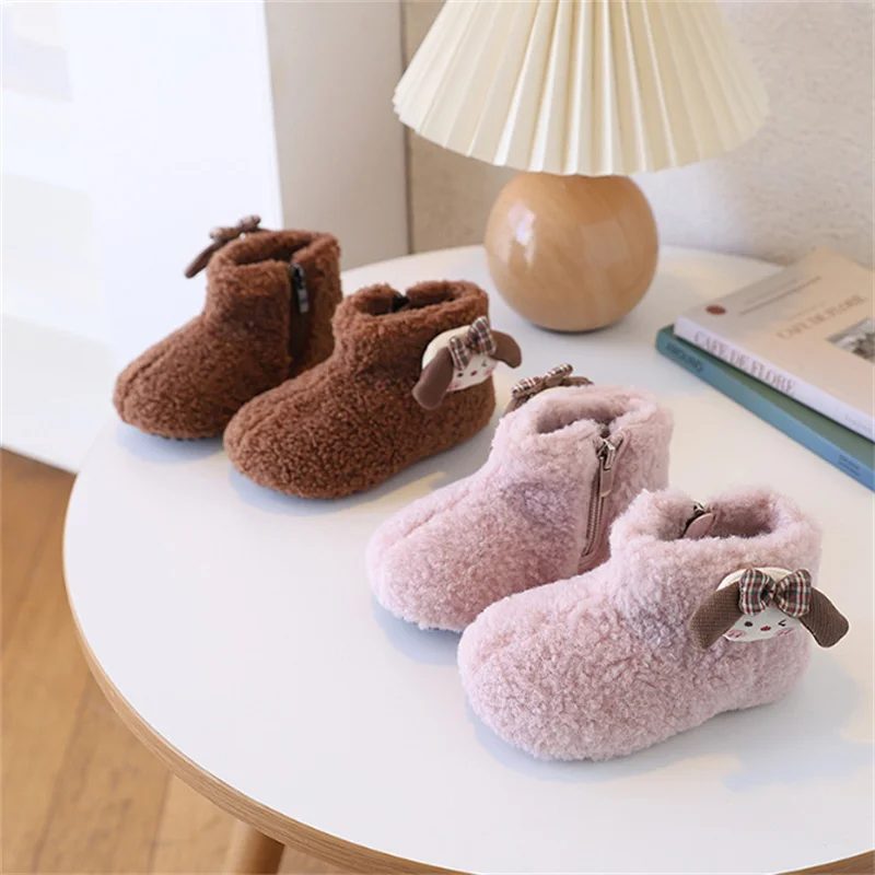 

2025 New Winter Children Snow Boots For Girls Warm Fur Soft Sole Kids Barefoot Shoes Non-slip Fashion Cotton Toddler Boots