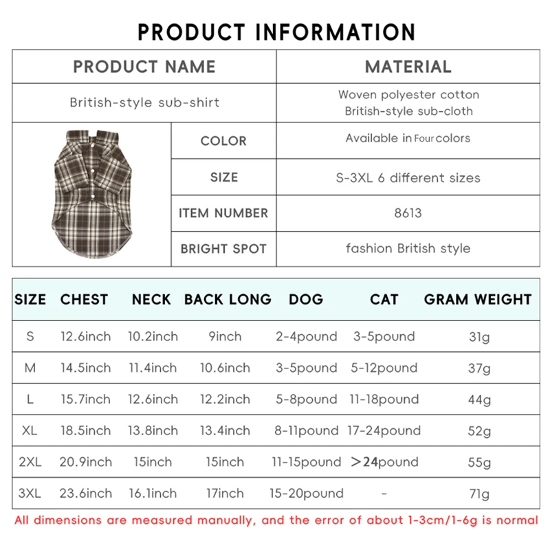 British Style Cat Dog Shirt Spring Summer Pet Clothes with D-ring for Small Dogs Cats Shiba Inu Corgi Puppy Clothing Outfits