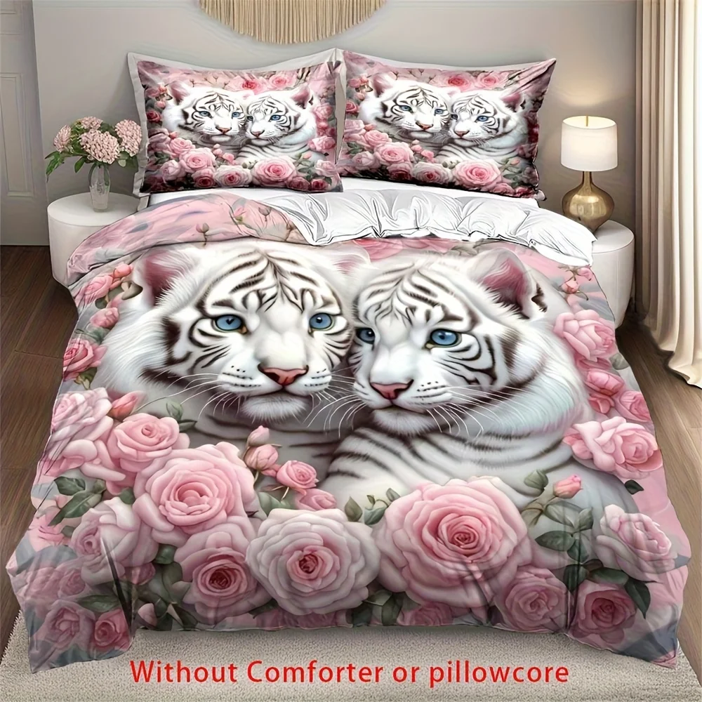 2-3-pieces-ensemble-de-housse-de-couette-imprime-tigre-rose-3d-1-housse-de-couette-1-2-taie-d'oreiller-sans-noyau-fleurs-d'animaux-tigre-blanc-elegantes