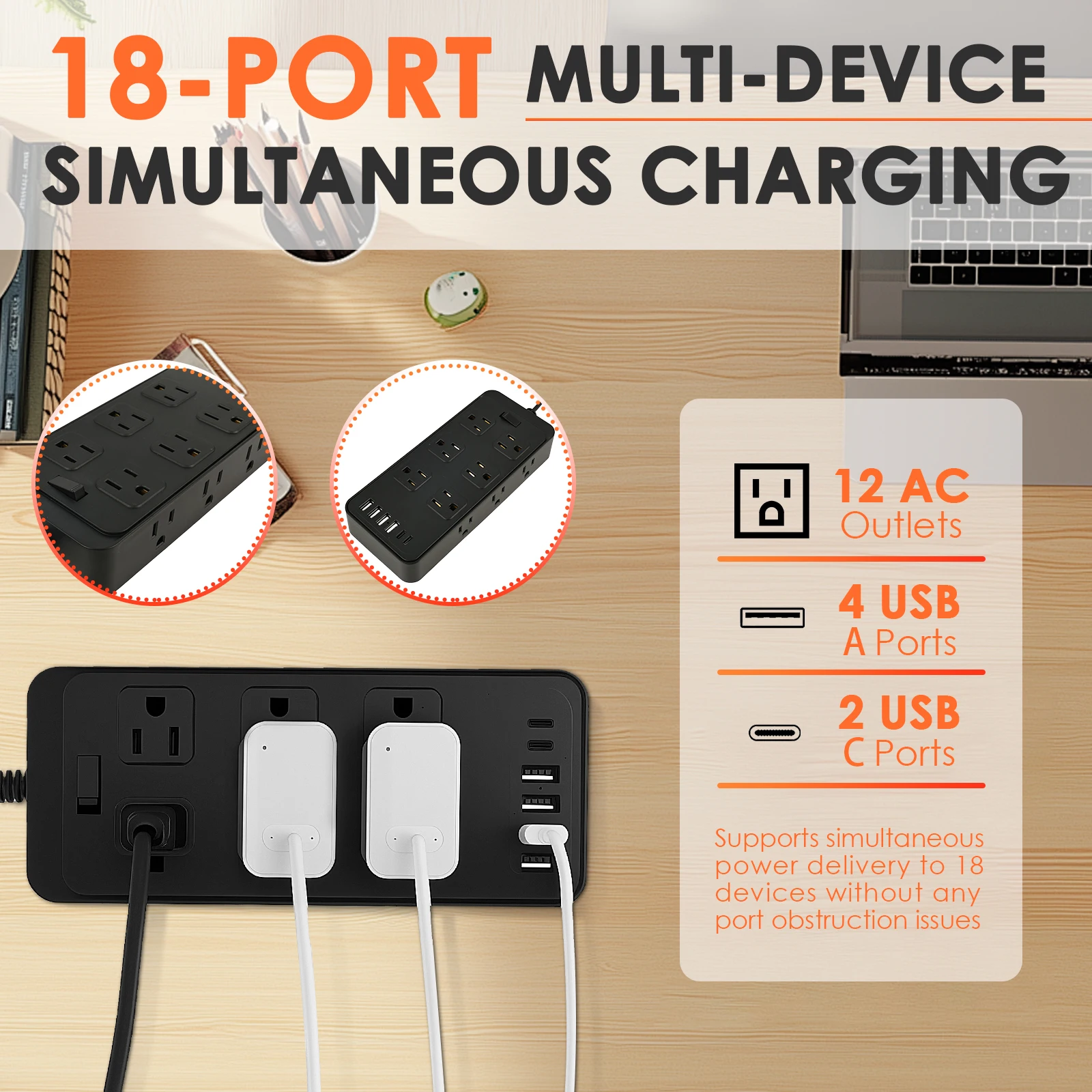

Новый удлинитель с плоской вилкой, защита от перенапряжения, 5 футов, с 12 розетками переменного тока, 6 USB-портов, доставка мощностью 18 Вт для домашнего офиса