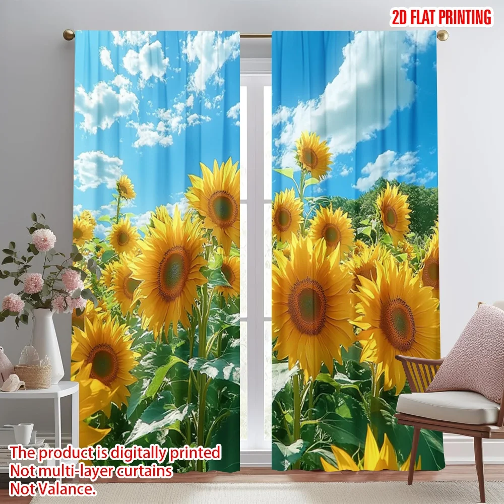 

2D flat printing 2pcs Party Window Curtains Sunflowers Under Blue Skies Digital Printed Polyester Drapes Family Party Decoration