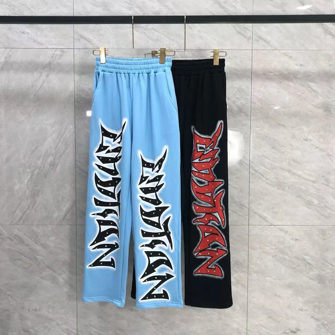 

Mixed Emotion blue Straight Pants High Quality Men's Streetwear Elastic Waist Letter Print Diamond Decoration sweatpants joggers