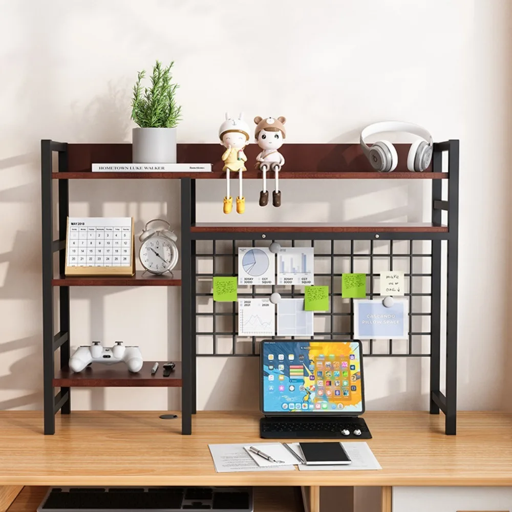 Desktop Desk Storage Racks Multi-layer Iron Rack Student Computer Desk Hole Board Bookcase with Grid Wooden Shelves Shelf