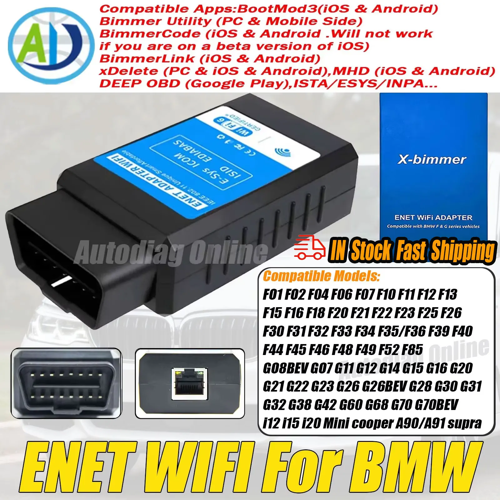 

Адаптер разъема для кодирования Ethernet серии BMW ICOM F/G для BimmerCode, Bootmod3, xDelete, MHD OBD2 ENET WIFI-сканера