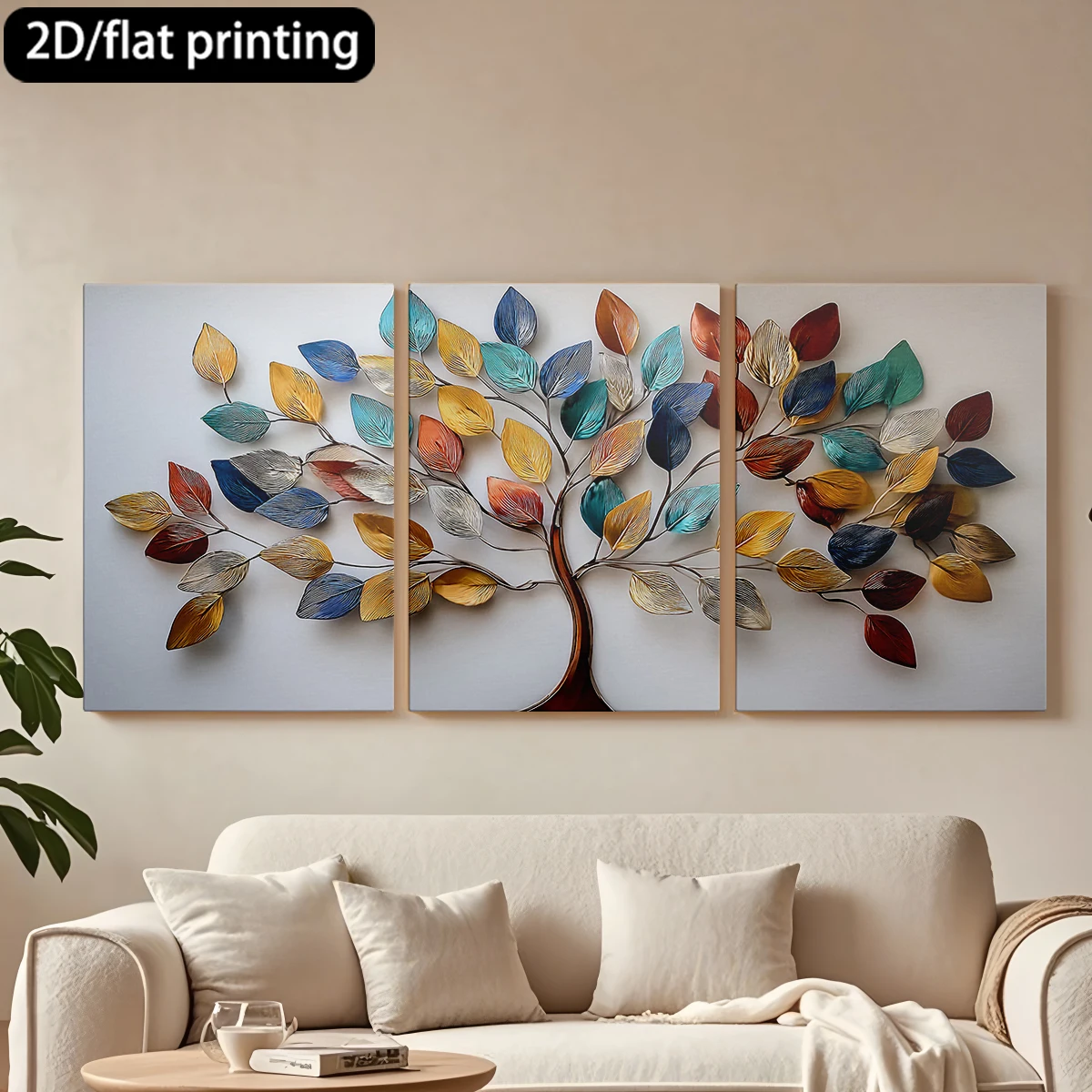 

2D плоская печать, набор из 3-х картин на холсте в деревянных рамах, декоративная картина с металлическими листьями в форме дерева. Декор для коридора и спальни.