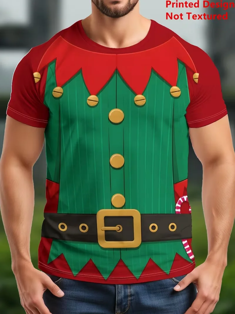 Christmas Elf Costume T Shirt Men Women 3D Green Suit Belt Print Short Sleeve Crew Neck Funny Xmas Party Top XXS-6XL