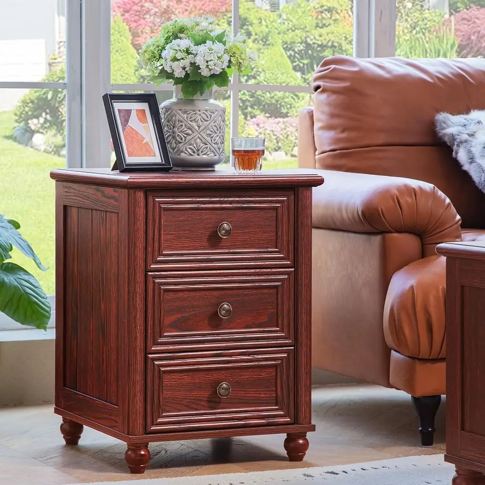 زوج من 18 طاولة ليلية للمزرعة من خشب البلوط الأحمر مع درجين و3 أدراج، وحدة تخزين، وعمود روماني لغرفة النوم وغرفة المعيشة والخزانة