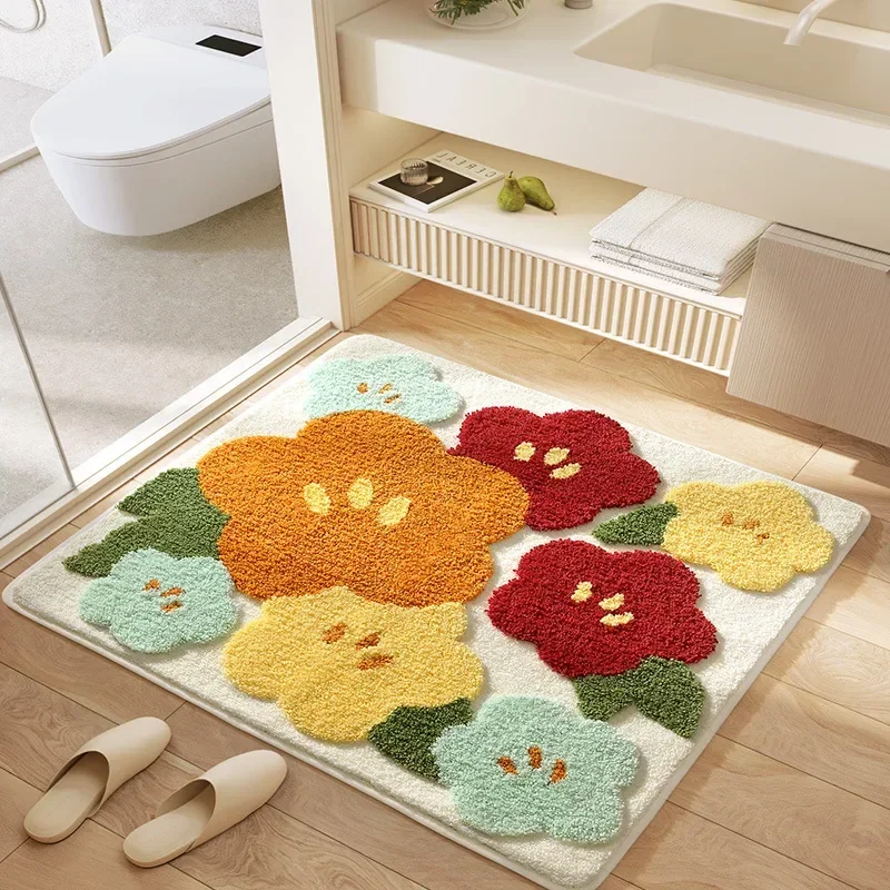 Square Floral Bath Mat, Ultra Plush Absorbent Bathroom Rug, Non-Slip Backing & Soft Touch Surface, Floor Mats for Bathroom Decor
