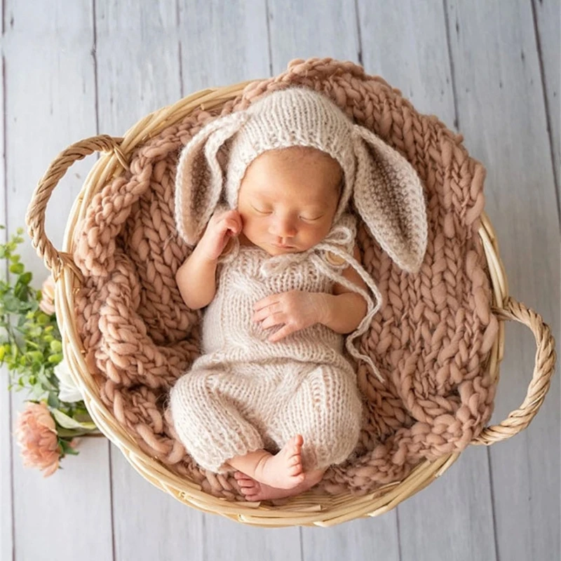 Newborn Photo Props Rabbit Costume Bunny Hat Baby Romper Jumpsuits Photo-Shooting Clothes Infant Photostudio Props 2PCS