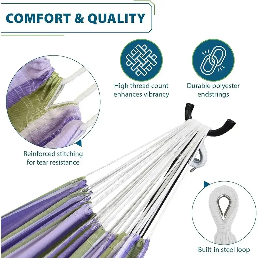 Double Cotton Hammock with Steel Stand, Polyester End Strings, 450 lb Capacity, Carry Bag - USA Cotton (Tranquility)