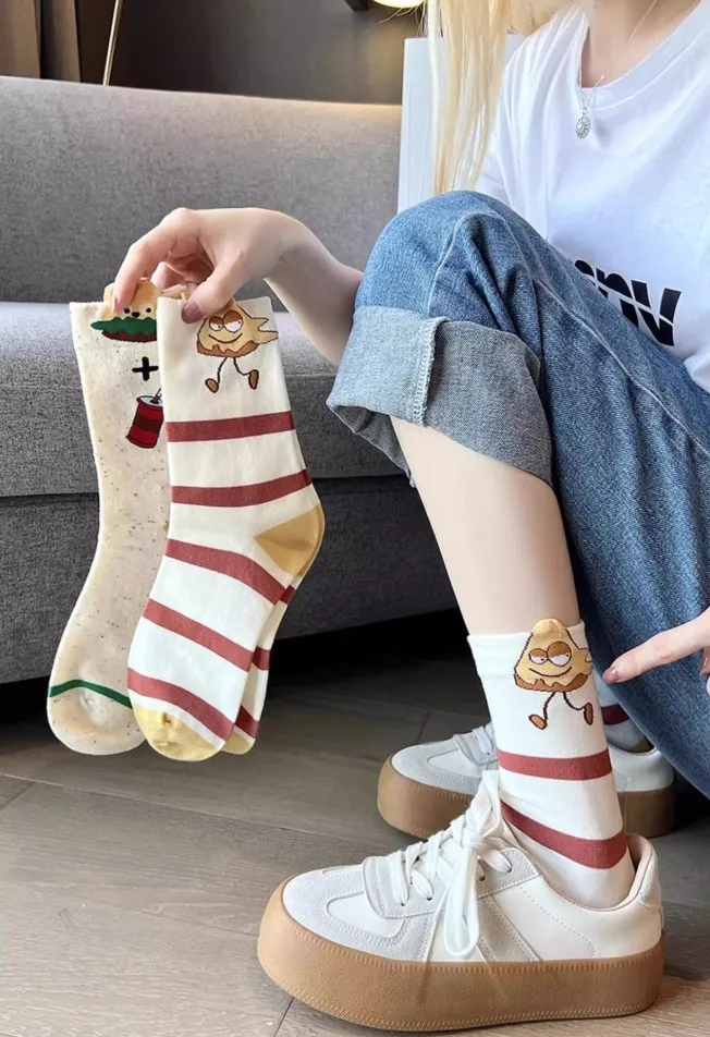 Ladies Spring Autumn Cotton Cartoon Suitable For Young Girls Hamburger Socks Simple Sweet Japanese Kawaii Nice Gift Option