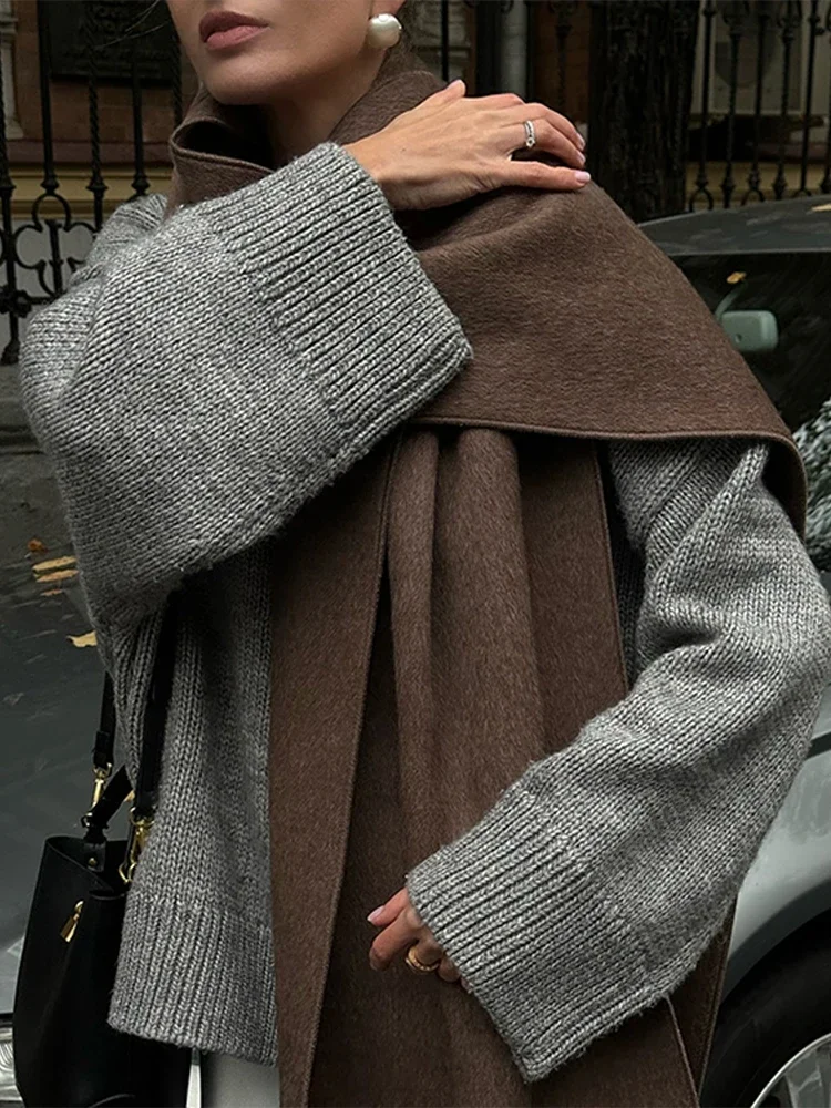 Brown Women Long Windbreaker Elegant Scarf Collar Double Breasted Long Sleeve Female Winter Coat 2025 Autumn Loose Lady Outwears