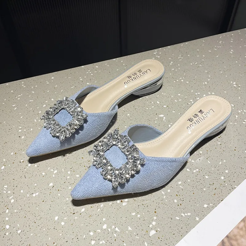 Summer Pointed Toe Mules Shoes Women Crystal Flats Slippers Shoes 2024 Sexy Slingback Sandals Shoes New Dress Zapatos Female