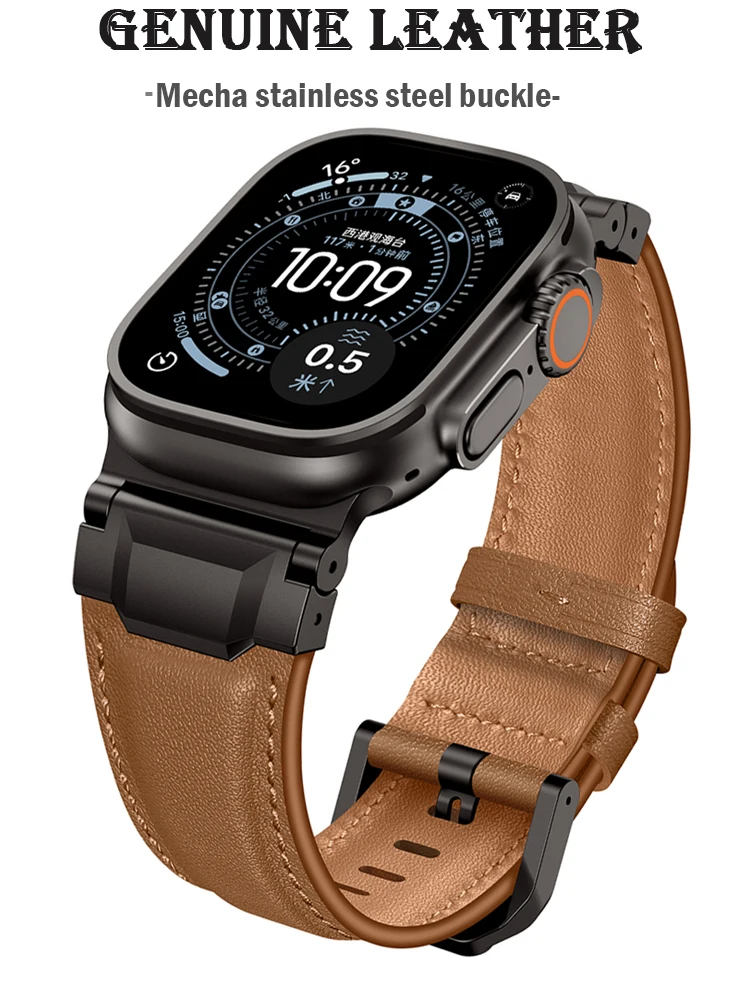Echt lederen banden voor Apple Watch Ultra 3 2 49 mm 44 mm 45 mm 46 mm NIEUWE Mecha Design armband iWatch serie 11 10 9 8 7 6 5 SE - afbeelding 2