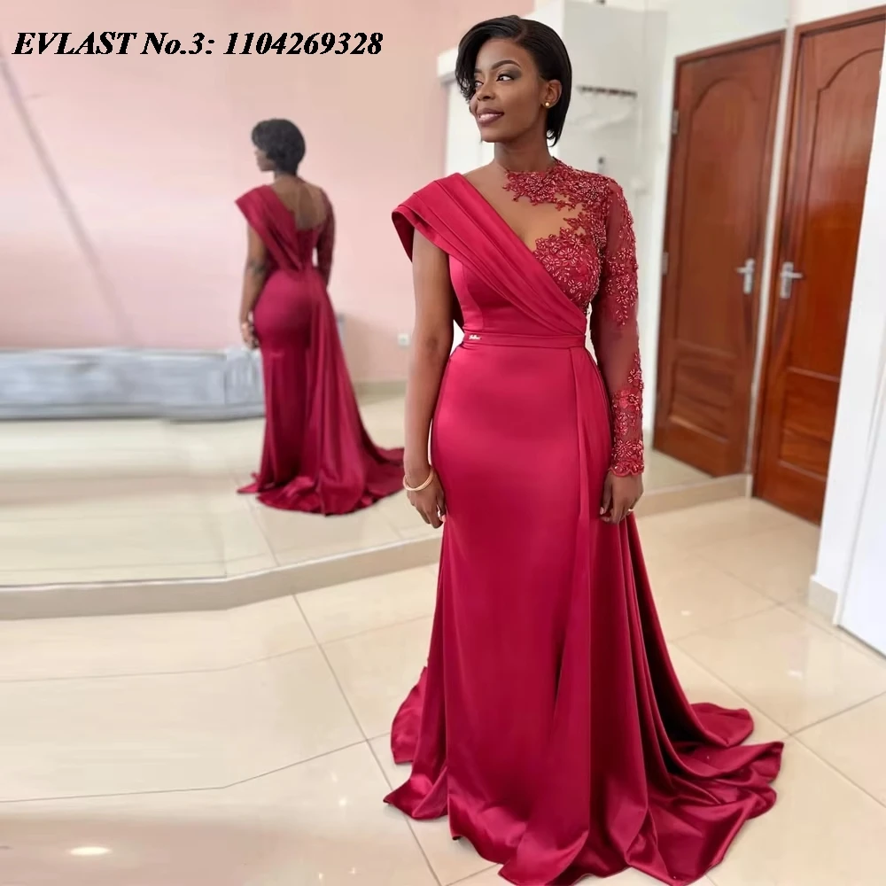 ชุดราตรีสีชมพูทรงเมอร์เมดแบบสั่งตัด EVLAST สำหรับงานพรอม ผู้หญิงผิวสีแอฟริกัน ประดับคริสตัลและลูกปัด จับจีบ รุ่น E3P424