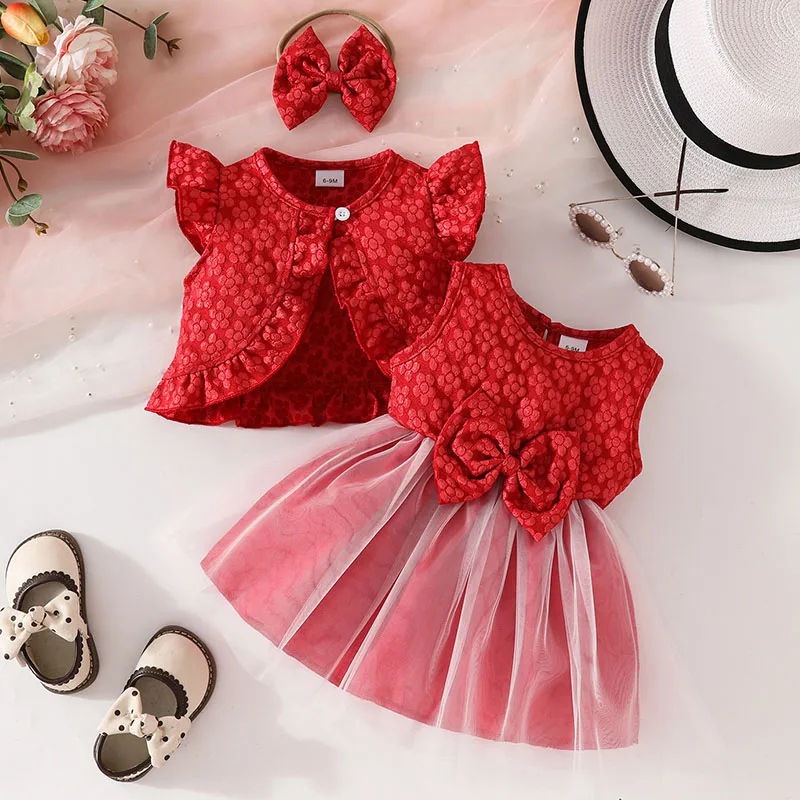 3Piece Summer Infant Girl Clothes Korean Cute Flowers Bow Tops+Mesh Sleeveless Princess Dress Baby's Sets Newborn Items B104