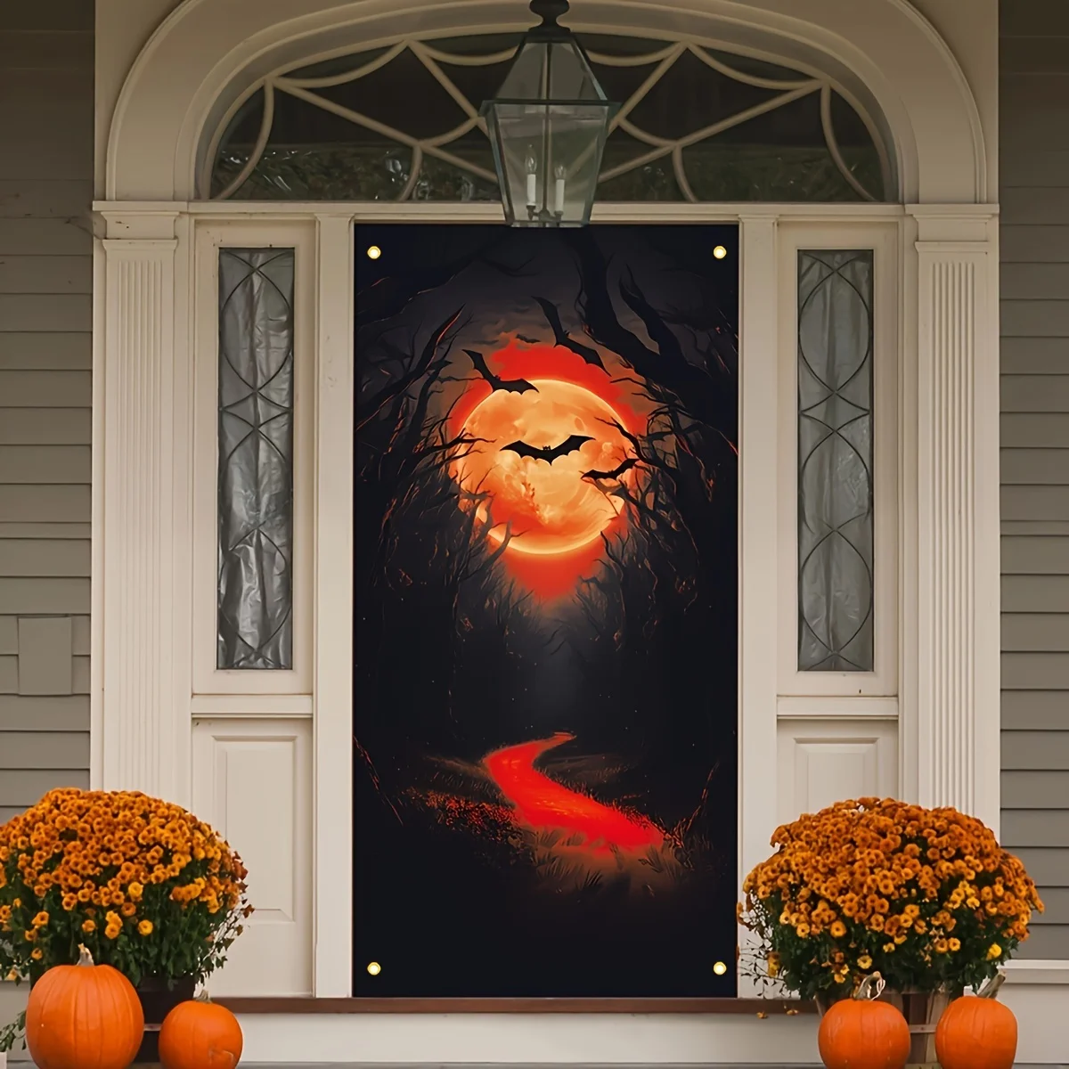 Pancarta con número de casa en 2D, 1 pieza, decoración de Halloween Bloody Red River, patrón de murciélagos de luna llena, cubierta para puerta de fiesta de Halloween