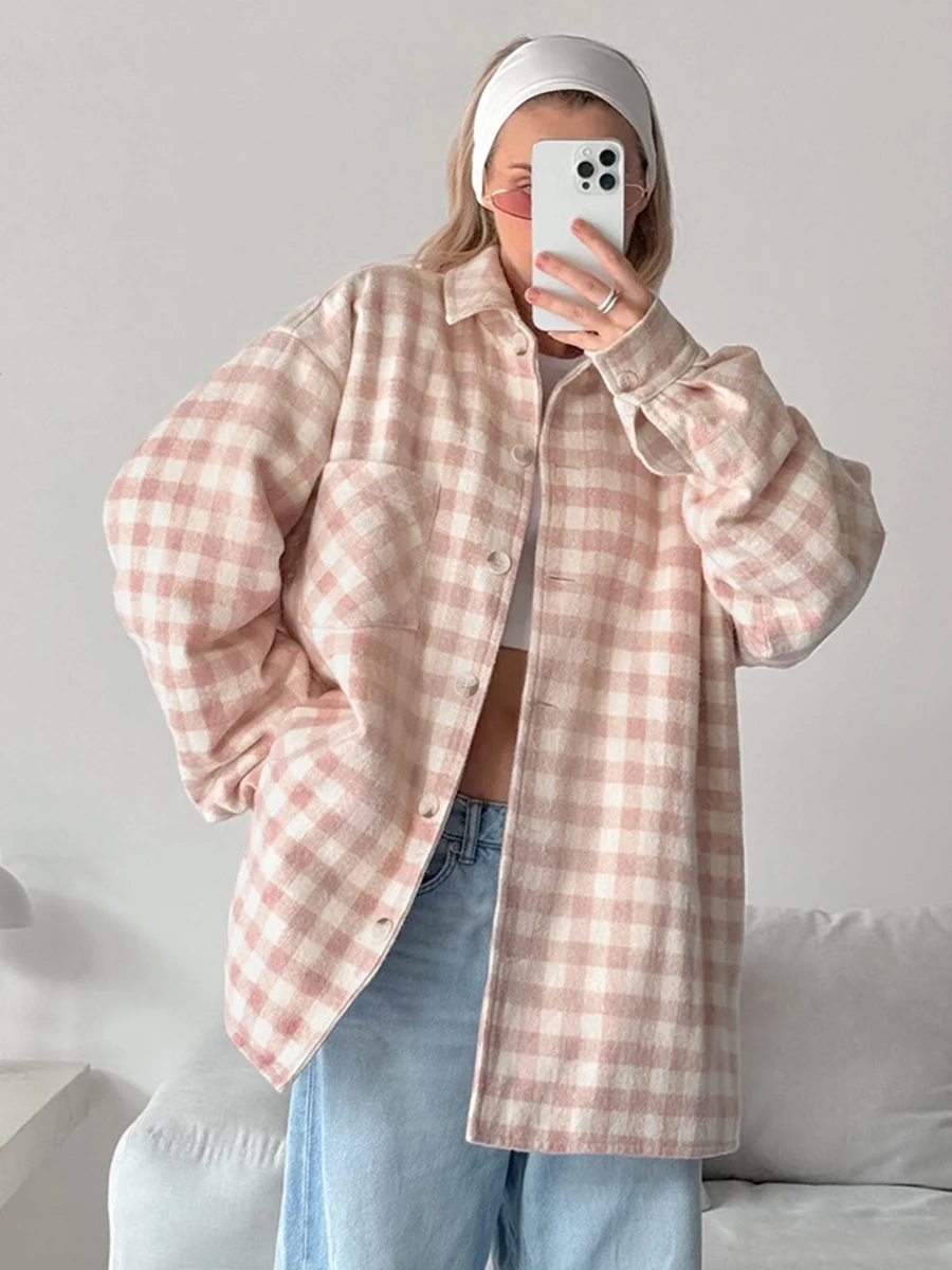 

Autumn Pink Plaid Jacket Coat Women Single Breasted Long Sleeve Lapel Collar Jackets Sweet Fashion Pocket Outerwear 2024 New