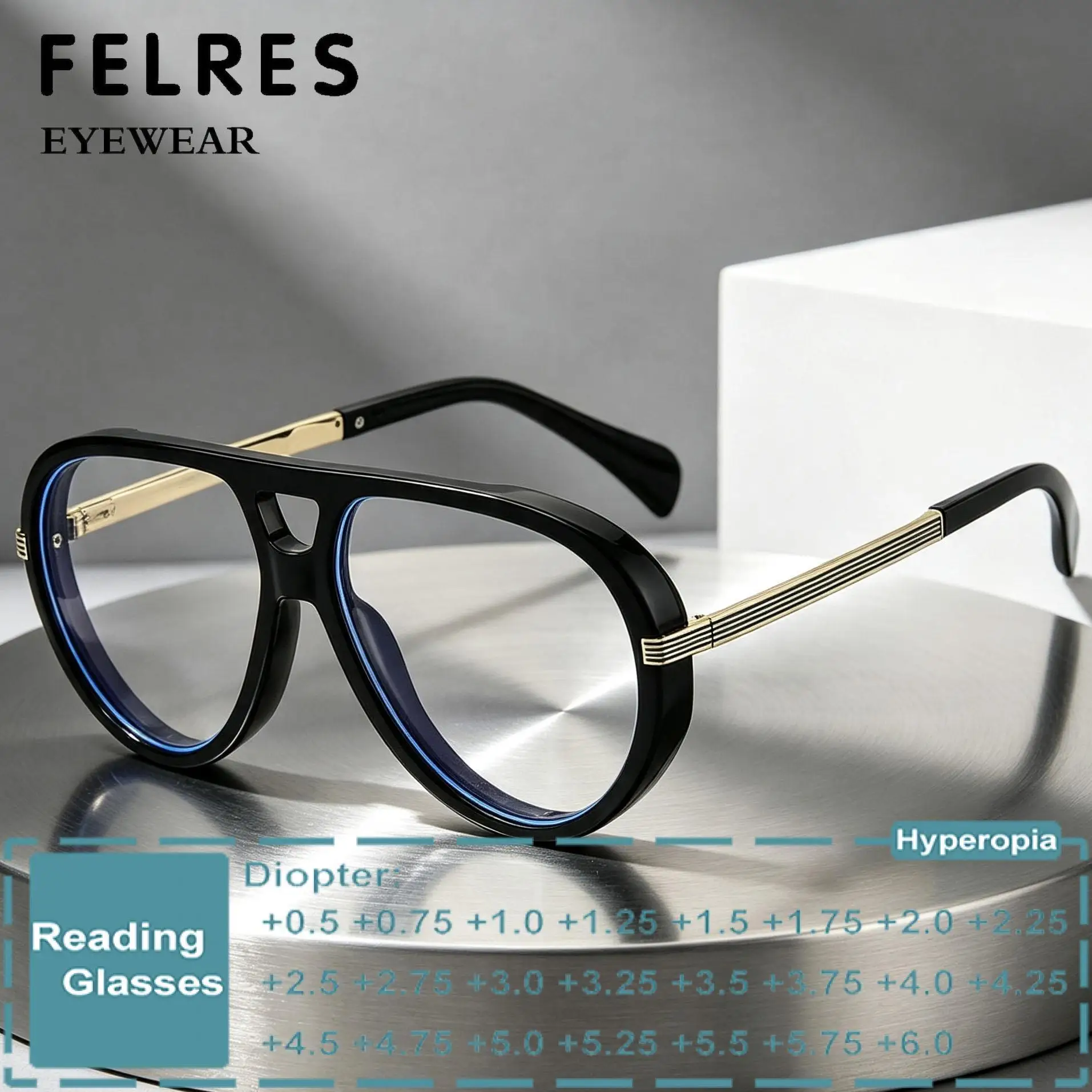Großrahmige Piloten-Anti-Blaulicht-Lesebrille für Damen, klare verschreibungspflichtige optische Presbyopie-Brille, Einzelfokus-Lesebrille