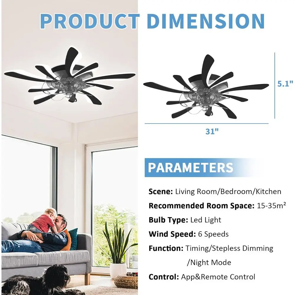 Dimmable Ceiling Fan with Light and Remote Control, 31 Small Mounted Ceiling Fan with LED Lights, APP and Remote Controlled, Bla