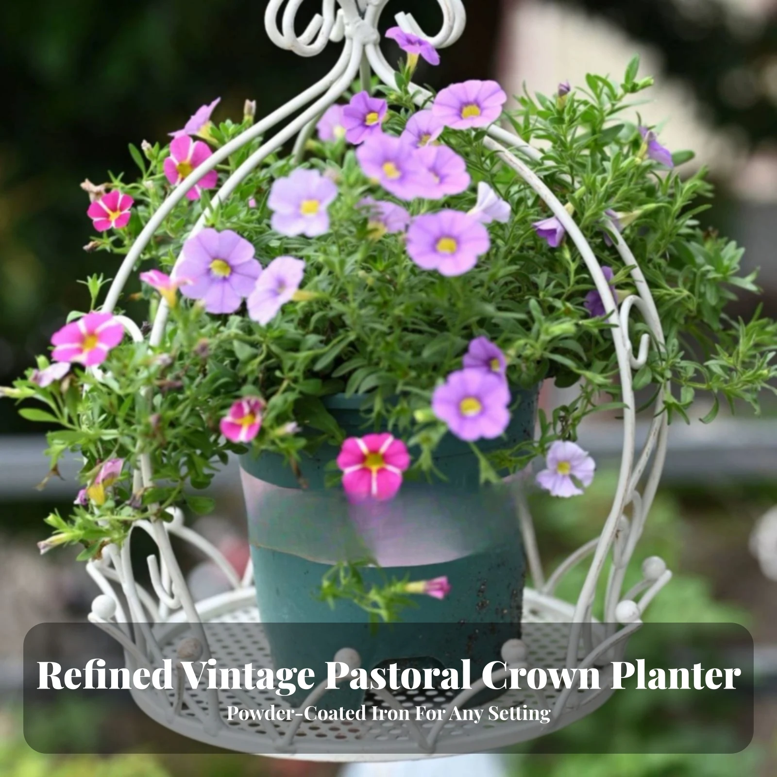 Crown Planter with Hanging Chain Outdoor Metal Hanging Planter with Tray Indoor Elegant for Garden Lovers, Patio, Balcony