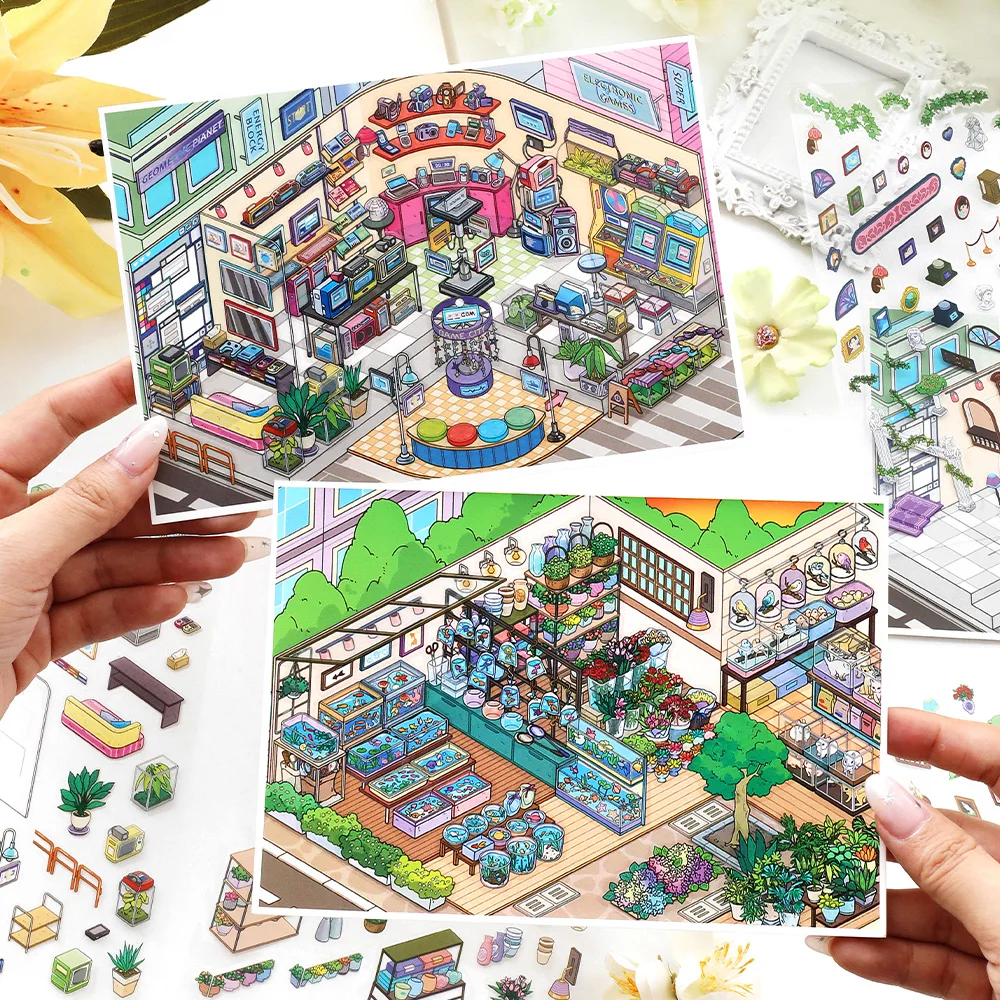 Esposizione d'arte Kawaii 3D Giardino caffè Paesaggio Adesivo Fai da te Scena di cabina tascabile Regali di Natale ﻿