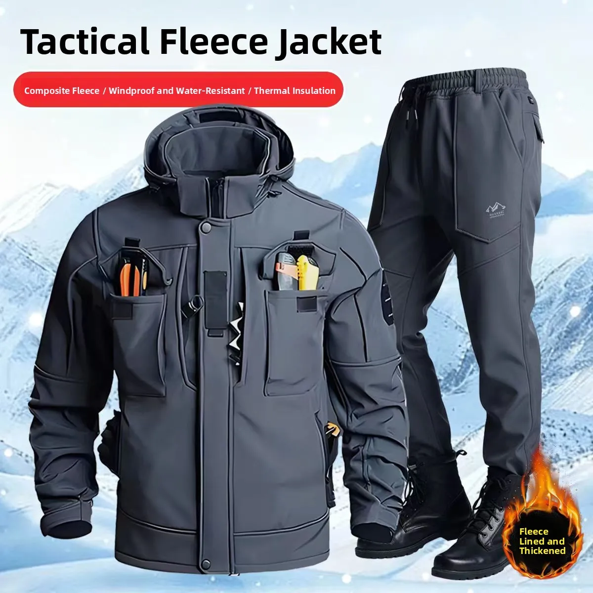 

Men's Fce Lined Tactical Jaet And Pants Set Waterproof Windproof Warm Outdoor Workwear Bicycle Riding Utili Suit
