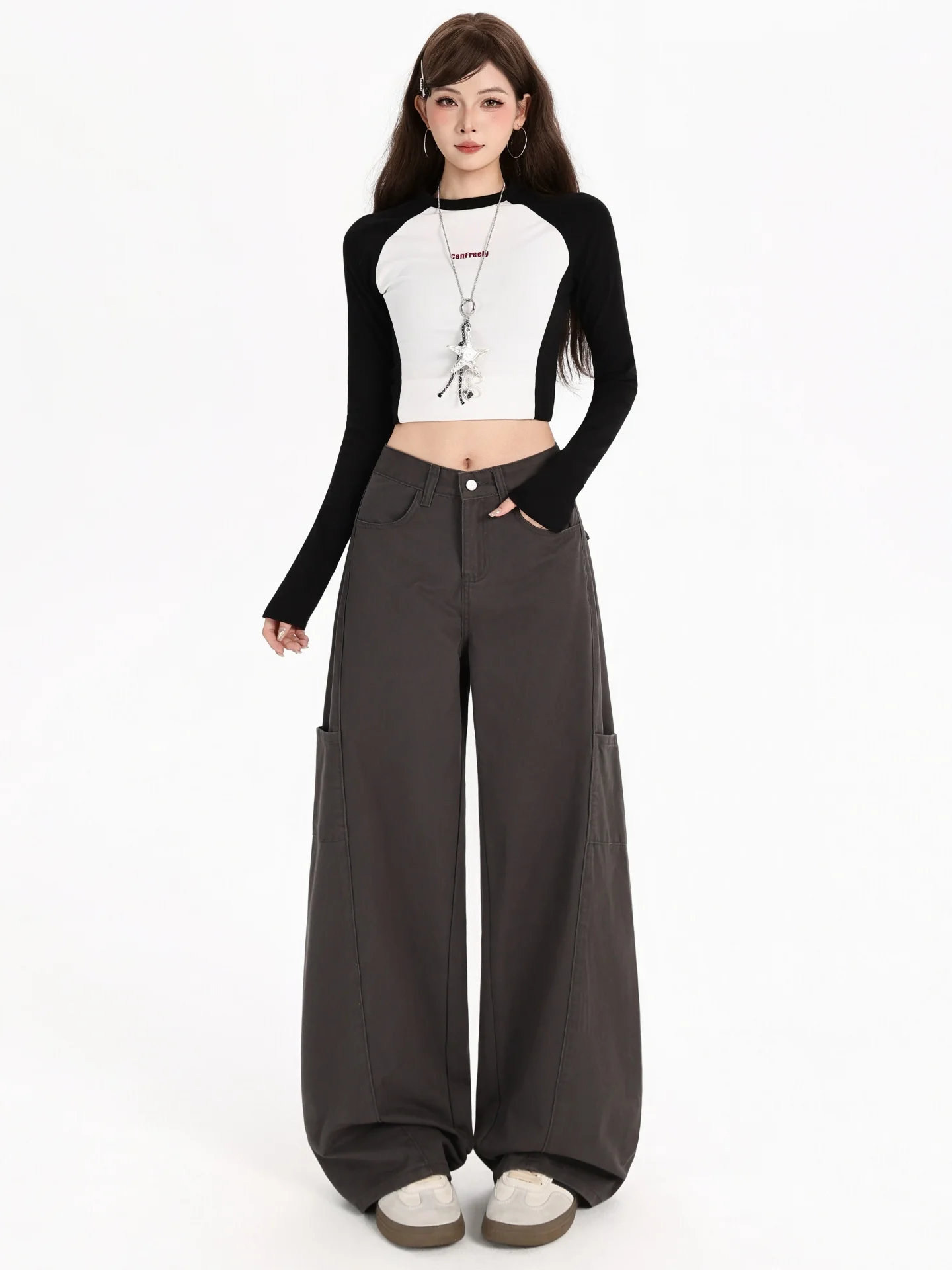 와이드 레그 워크웨어 팬츠 여성용 루즈 스트레이트 데님 진 하이웨이스트 바지 플러스 사이즈 배형 슬림 효과