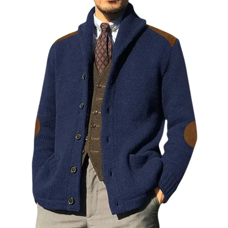 

Autumn and winter sweater PU patchwork lapel long sleeved knitted cardigan jacket European and American plus size men's sweater