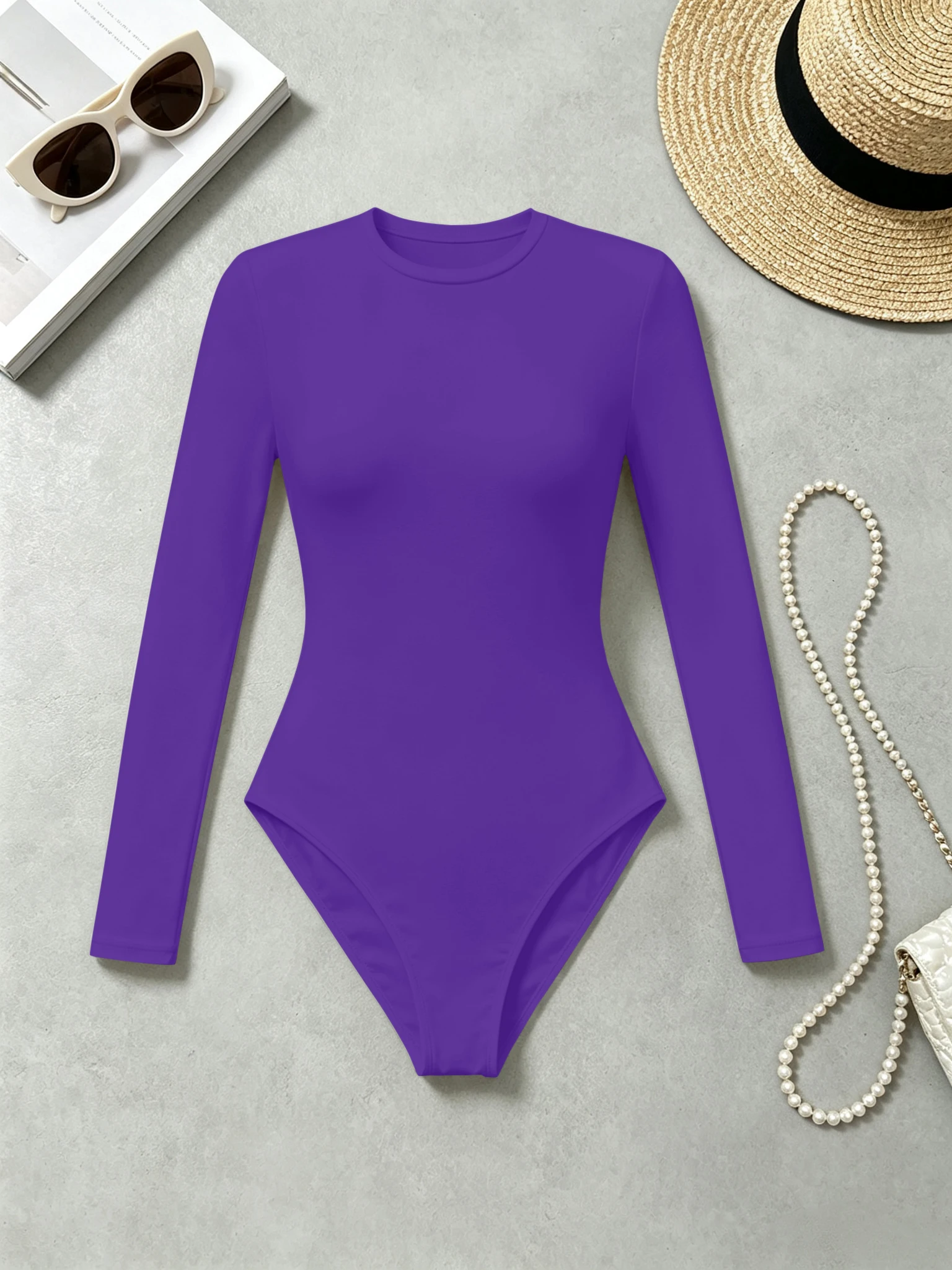 Damen-Bodysuit mit Rundhalsausschnitt und Langen Ärmeln, Schlanke Passform, Hochelastisch, Einfarbiger Casual-Jumpsuit für den Alltag – Detail 14