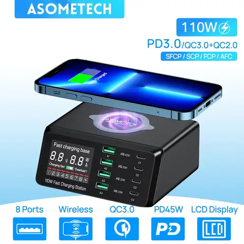 ASOMETECH 110W USB 유형 C 충전기 무선 Charing 멀티 포트 고속 전화 충전기 PD QC3.0 iPhone 14 13 Xiaomi 용 빠른 충전