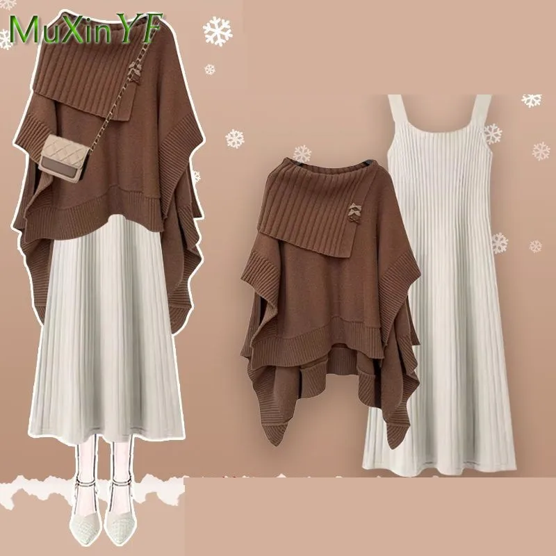 Women's 2024 Autumn/Winter New Vintage Matching Set Korean Elegant Knitted Cloak Sweater+Dress Two Piece Female Strap Skirt Suit